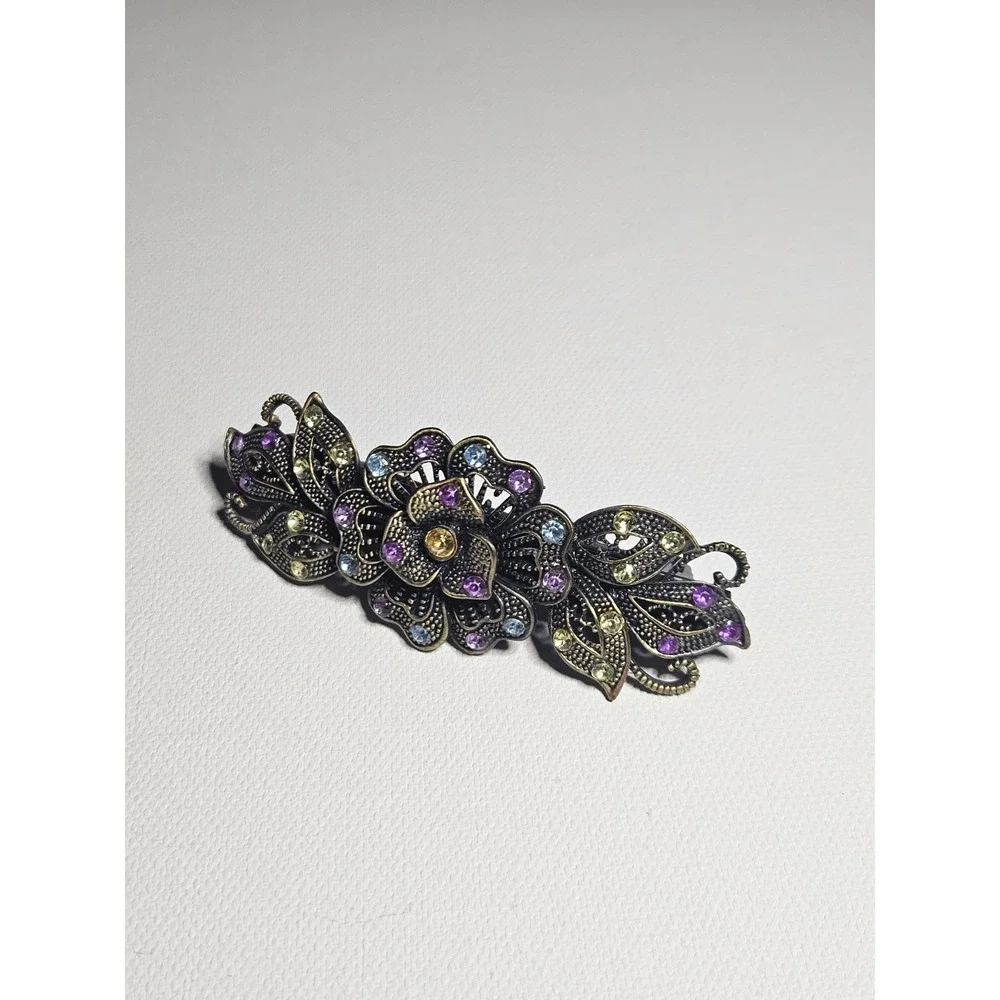 Vintage Antiqued Brass Floral Hair Barrette Clip Multicolor Rhinestone Flower